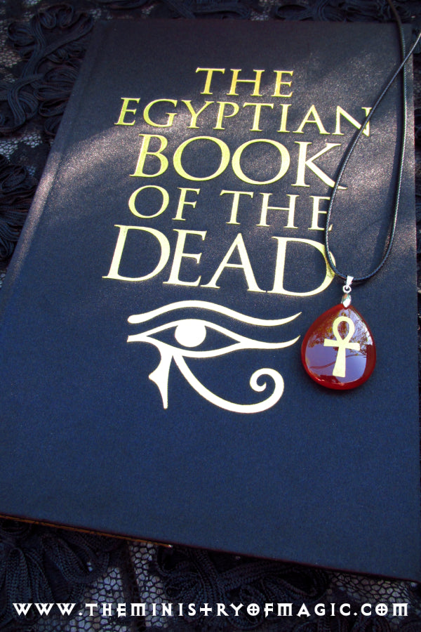 Mysterious Spellbound Egyptian Book of the Dead plus Programmed Ankh Gemstone Talisman